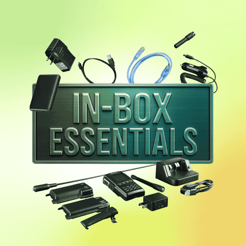 Green box with text 'IN-BOX ESSENTIALS' with images of accessories