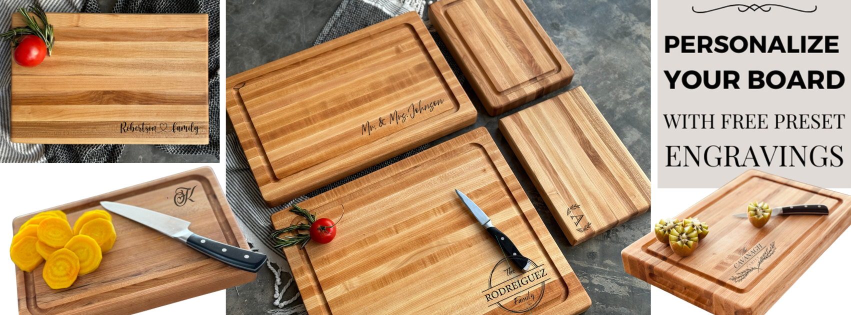 A collection of personalized handcrafted personalized wooden cutting boards featuring various sizes, juice grooves, and personalized engravings. Designs include family names and decorative elements, showcasing their durability, elegance, and customizability for unique gifting options.