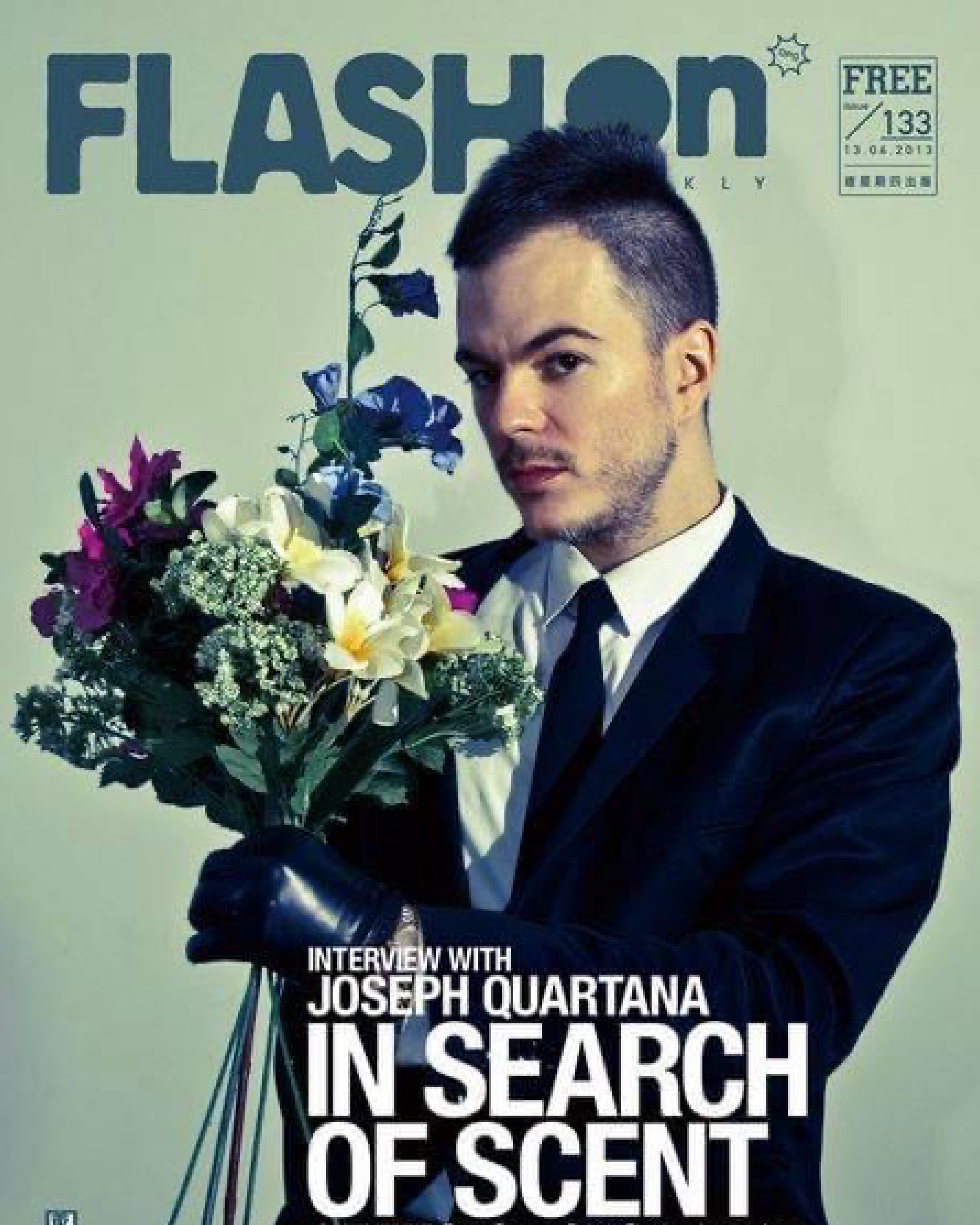 Joseph Quartana holds a poisonous bouquet on the cover of Flashon Magazine, Hong Kong, 2013