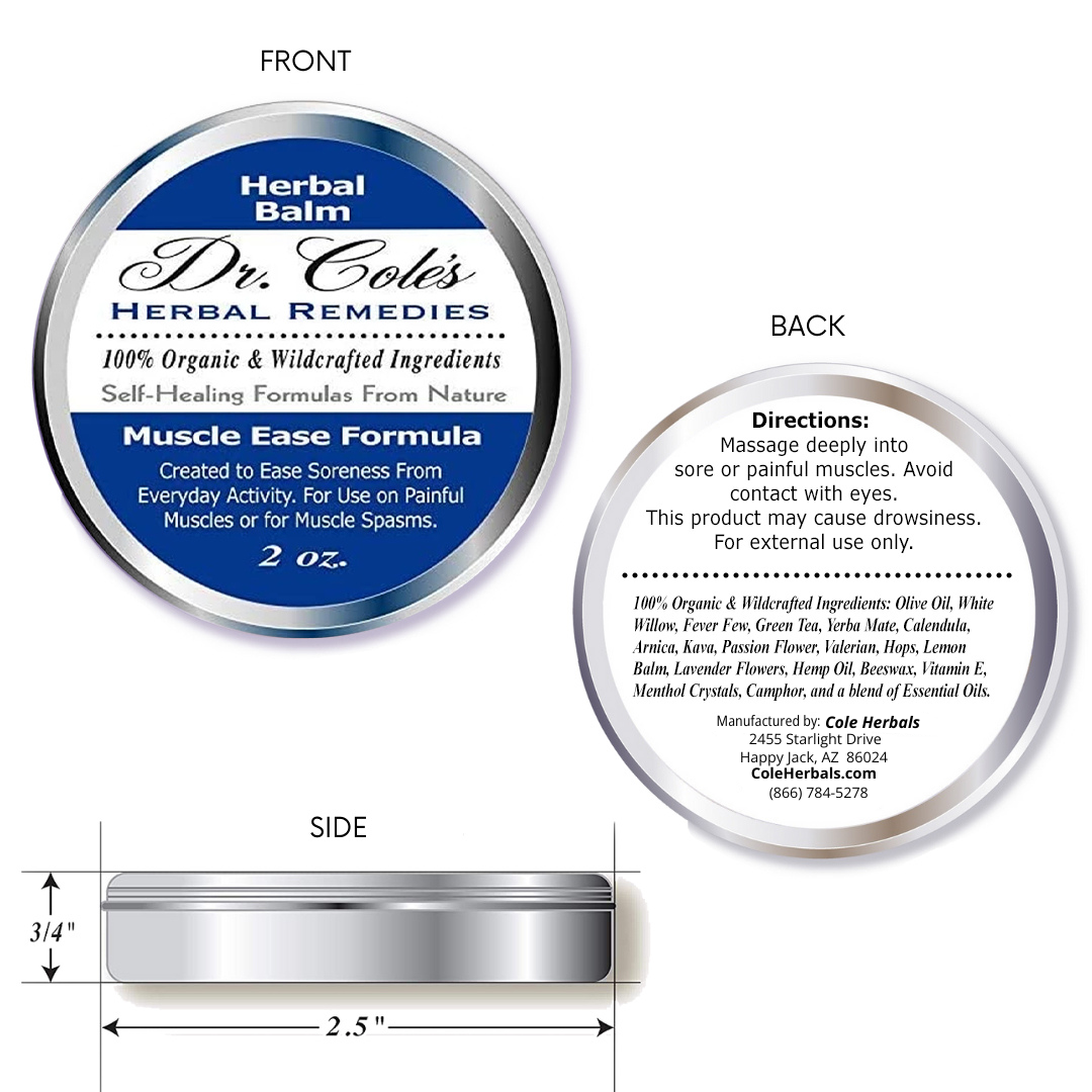 Dr. Coles Muscle Ease Balm front, back and side views