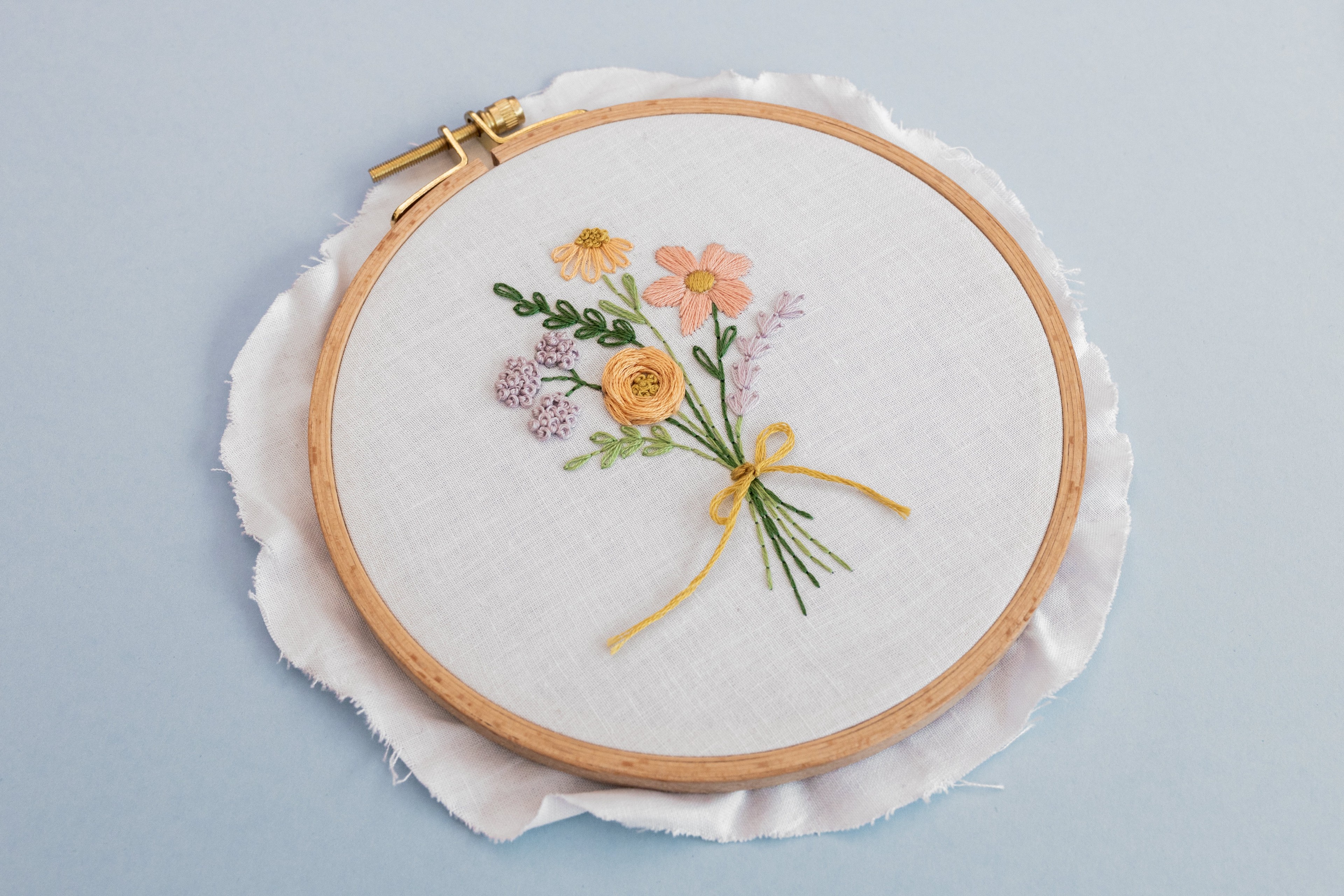 A floral pattern lies in a modern embroidery hoop with good tension.