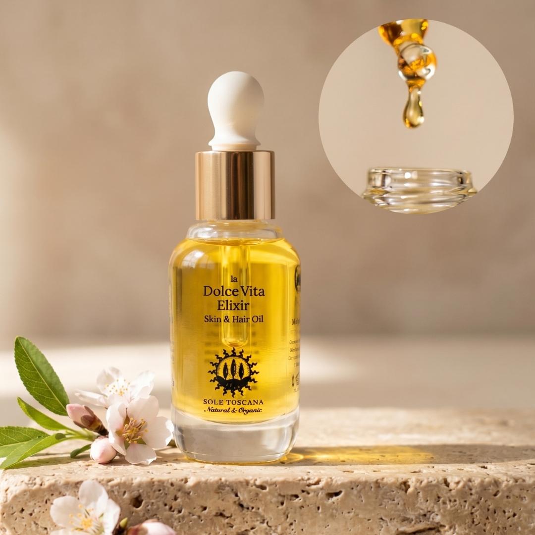 la Dolce Vita Elixir Skin & Hair Oil bottle with dropper on a neutral background