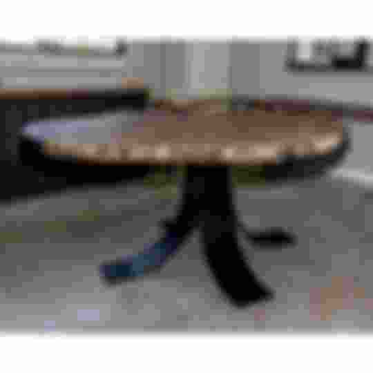 round live edge oak dining table, flared steel base