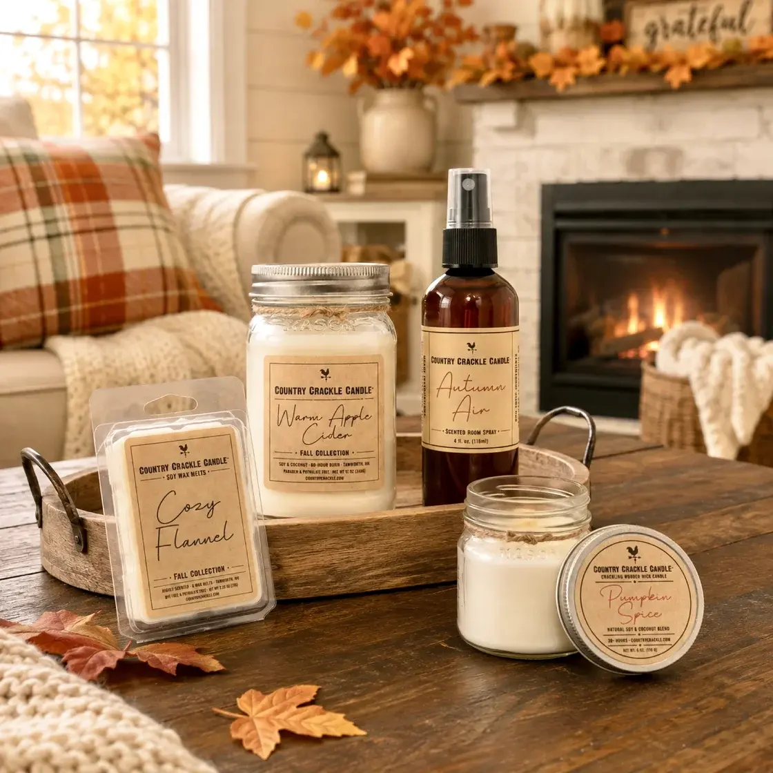 fall collection group of products: large soy candle, small soy candle, soy wax melt, scented room spray. Modern farmhouse interior decorated for autumn shot.