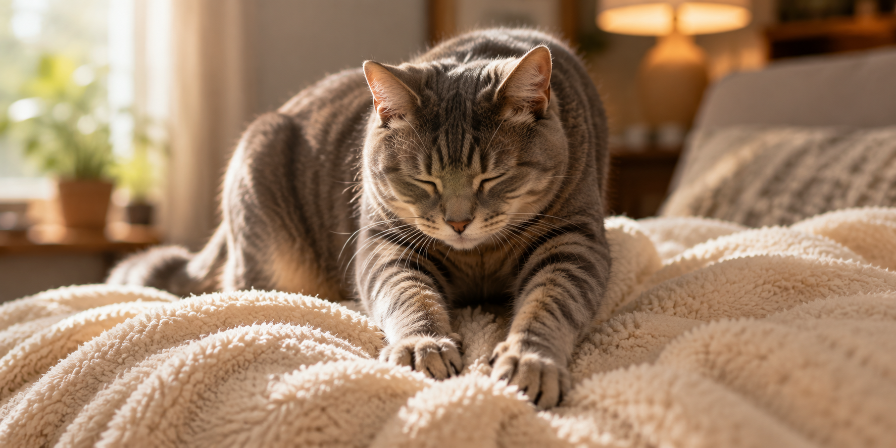 Guardian’s Choice Purrbiotics and Cat L-Lysine featured beside a relaxed cat kneading a soft blanket before settling down