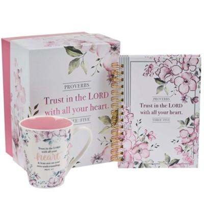 Trust in the Lord with all your heart on journal, mug, and box with pink flowers and delicate lettering