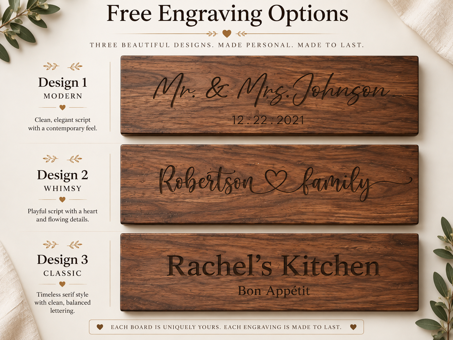Three engraving style options for personalized live edge walnut charcuterie boards