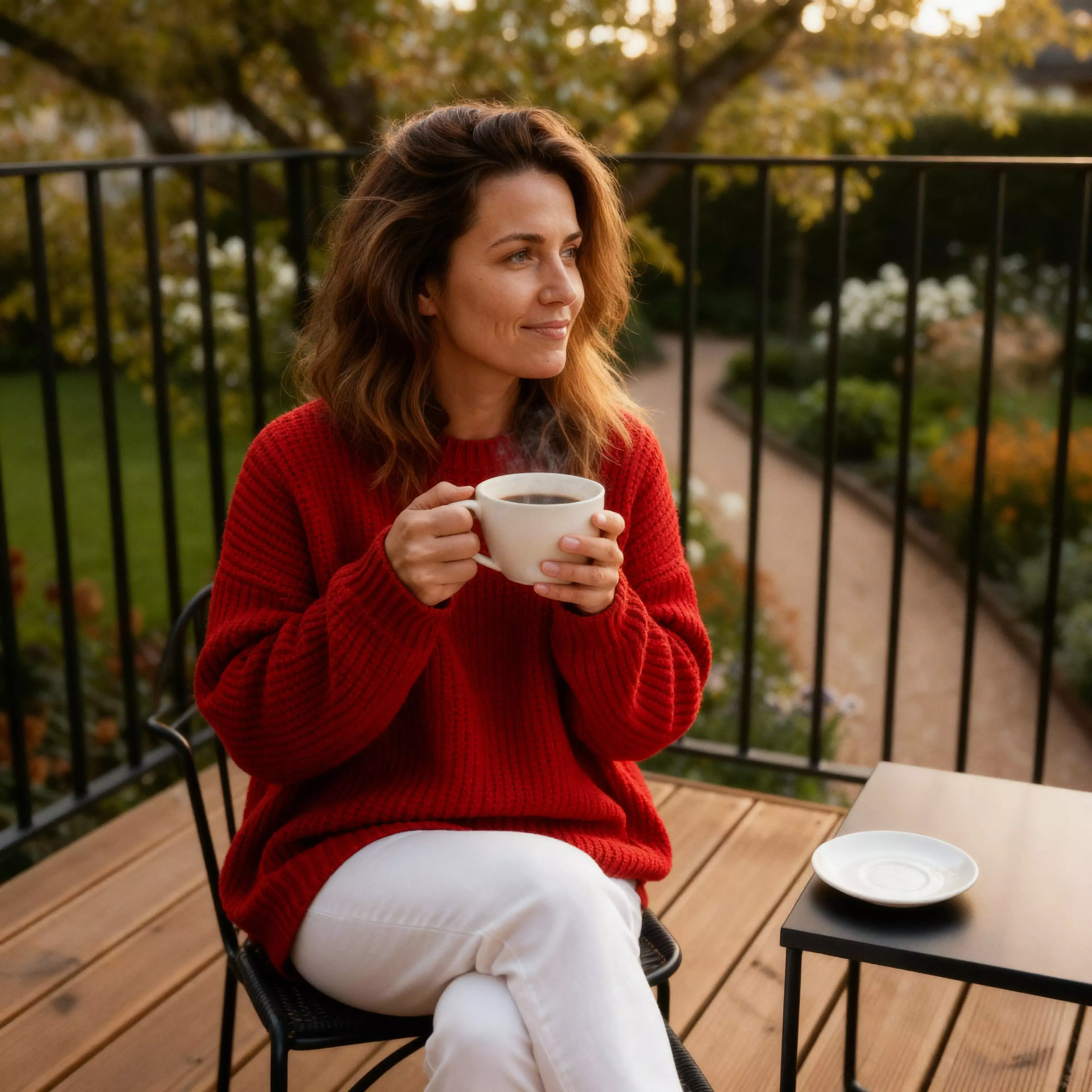 Woman sitting on a patio holding a cup of hot blended coffee on a calm morning.