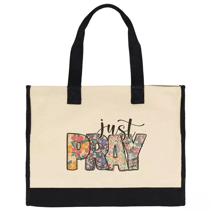 Just Pray tote bag with pray in large colorful font