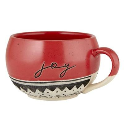 red mug with the word joy in simple lettering