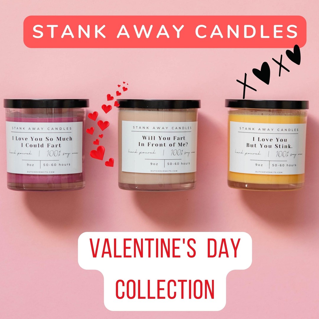 3 Valentines day scented candles on a pink background. Valentines day collection