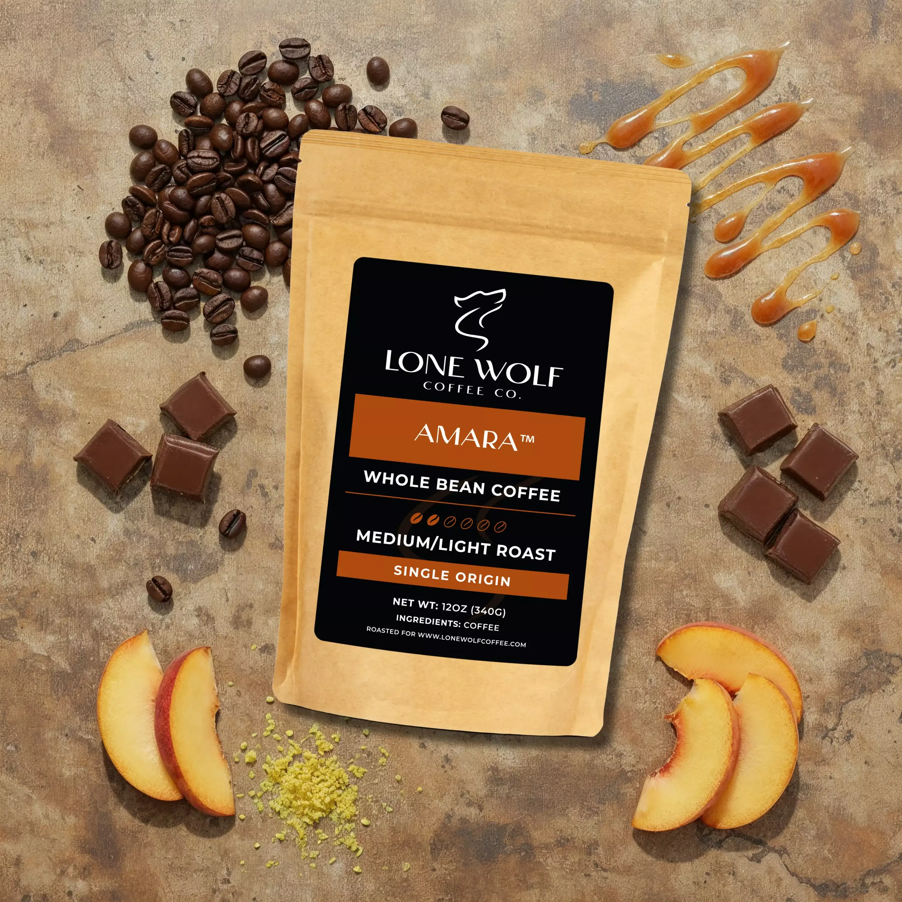 Amara whole bean flavor profile image showing Lone Wolf Coffee with milk chocolate sweetness, caramel tones, stone fruit, and citrus brightness.