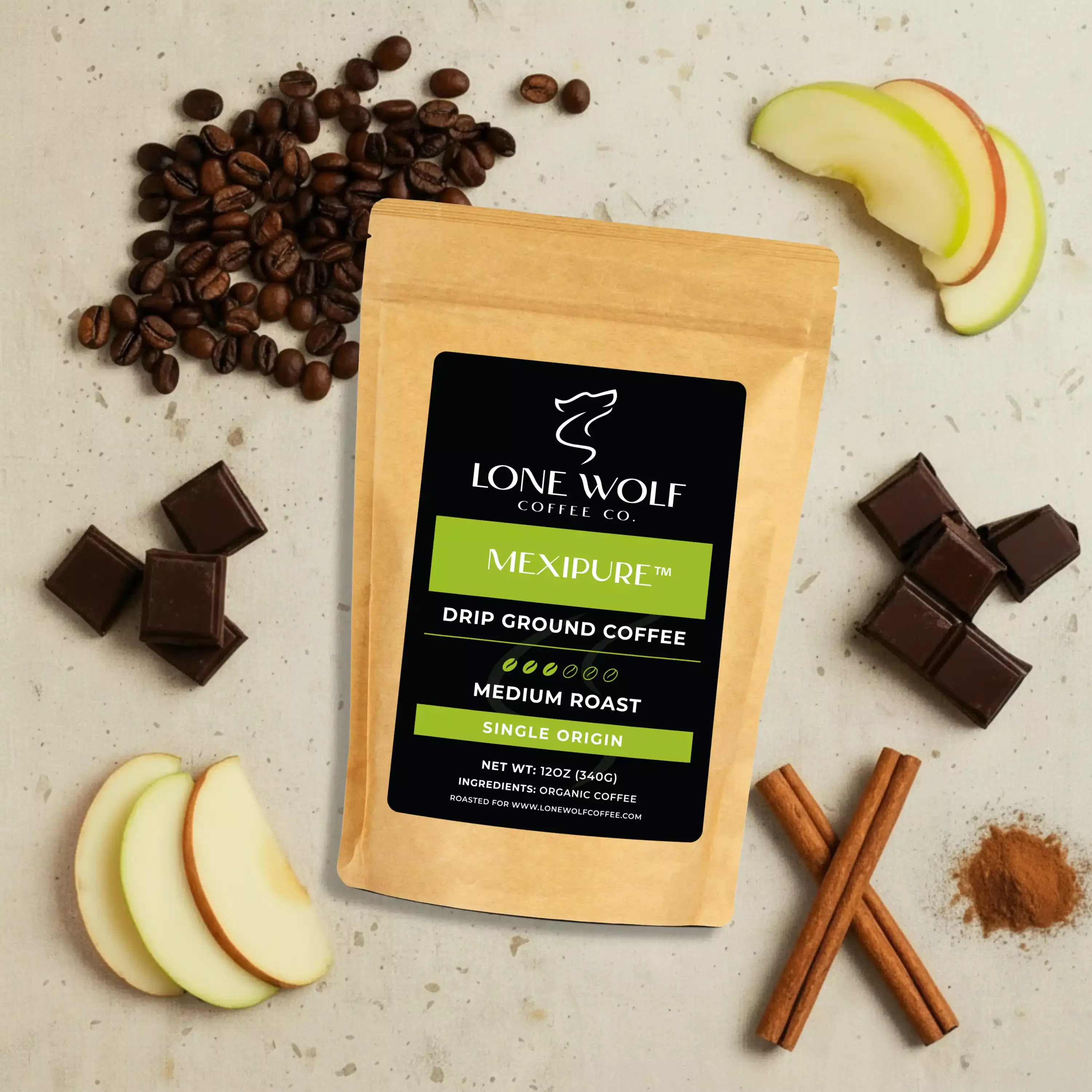 Mexipure drip ground flavor profile image showing Lone Wolf Coffee with chocolate depth, warm cinnamon, sweet green apple notes, and a smooth finish.