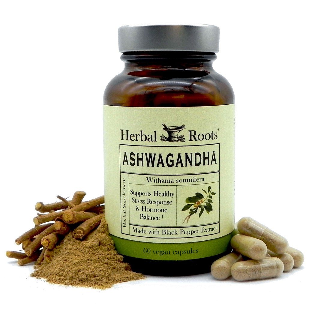 Herbal Roots Ashwagandha bottle with capsules, powder and ashwagandha root