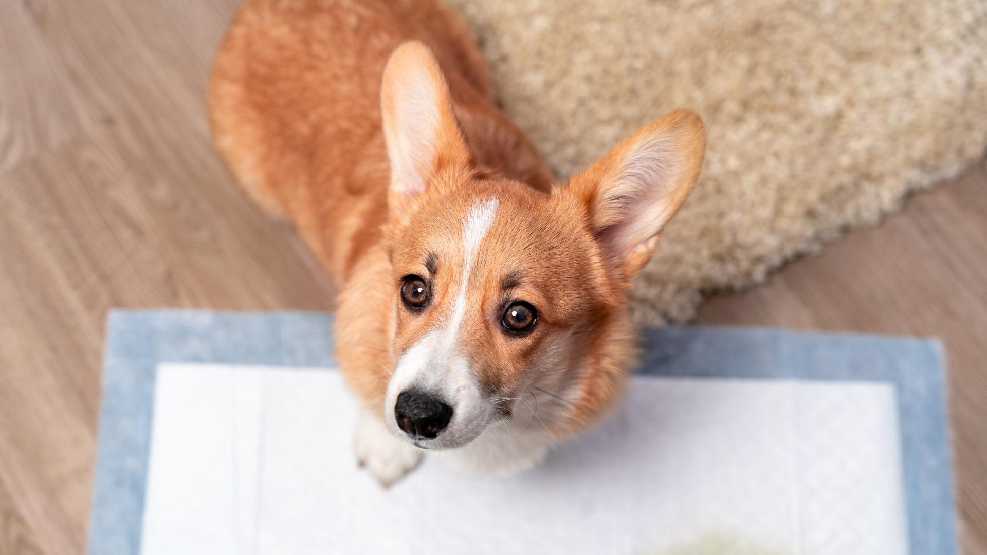 Adorable corgi puppy in a domestic environment, sitting on a training pad