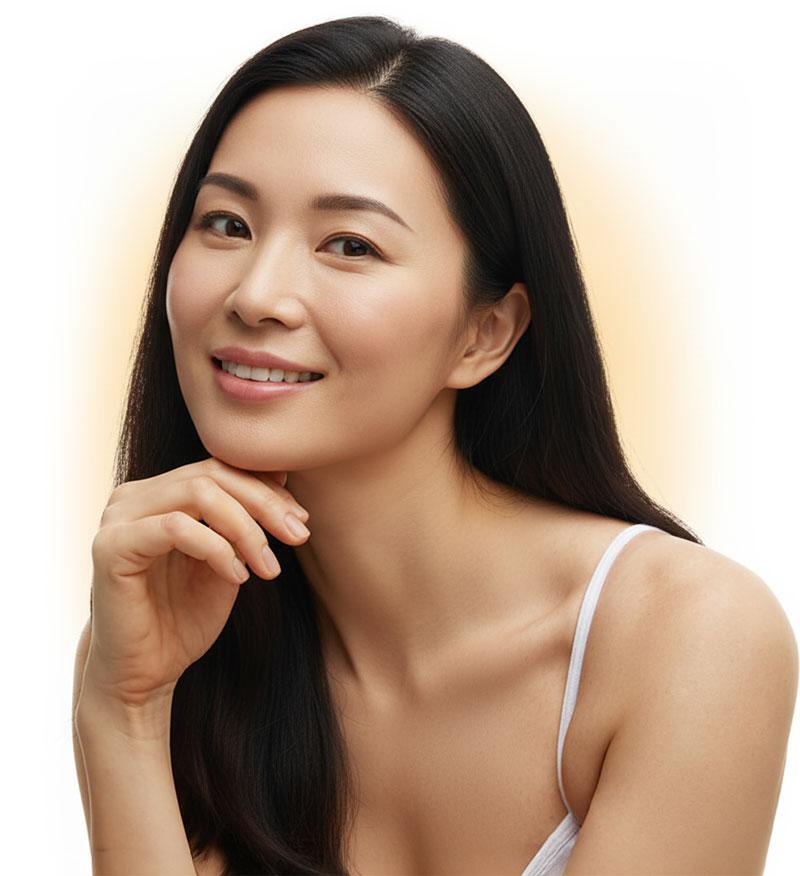 微笑的女性，皮膚清透健康，長黑髮，下巴輕靠在手上，身穿白色吊帶上衣。