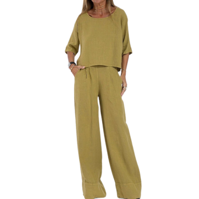 At Ease & Down to Earth: Short-sleeved Pullover & Wide Trouser Matching Set