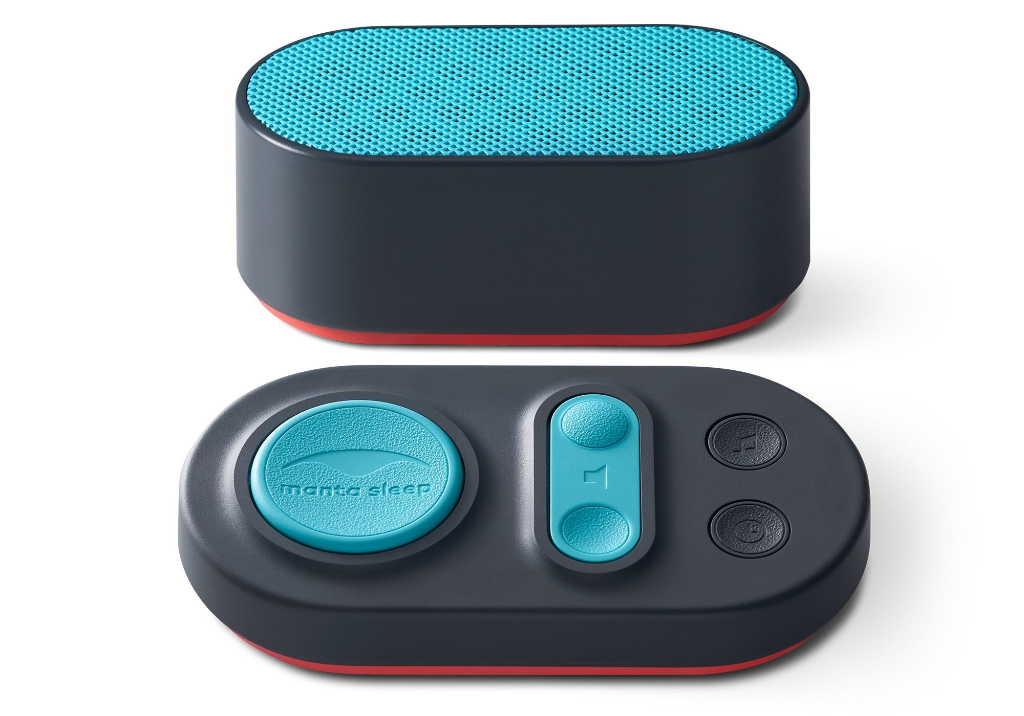 A white noise machine speaker and control pad that plays nature sounds for sleep.