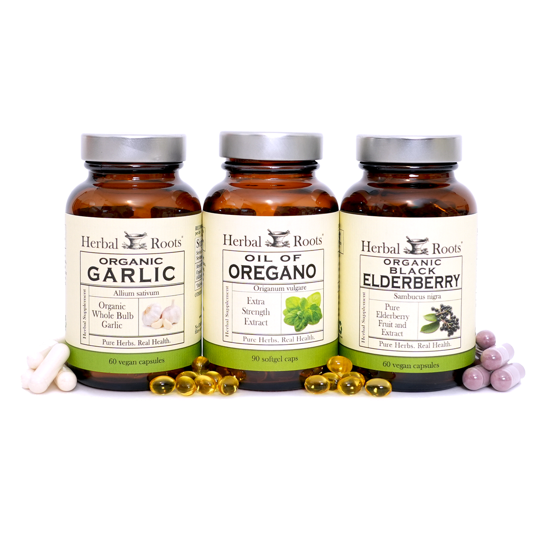 Bottles of Herbal Roots Oil of Oregano, Black Elderberry and Organic Garlic