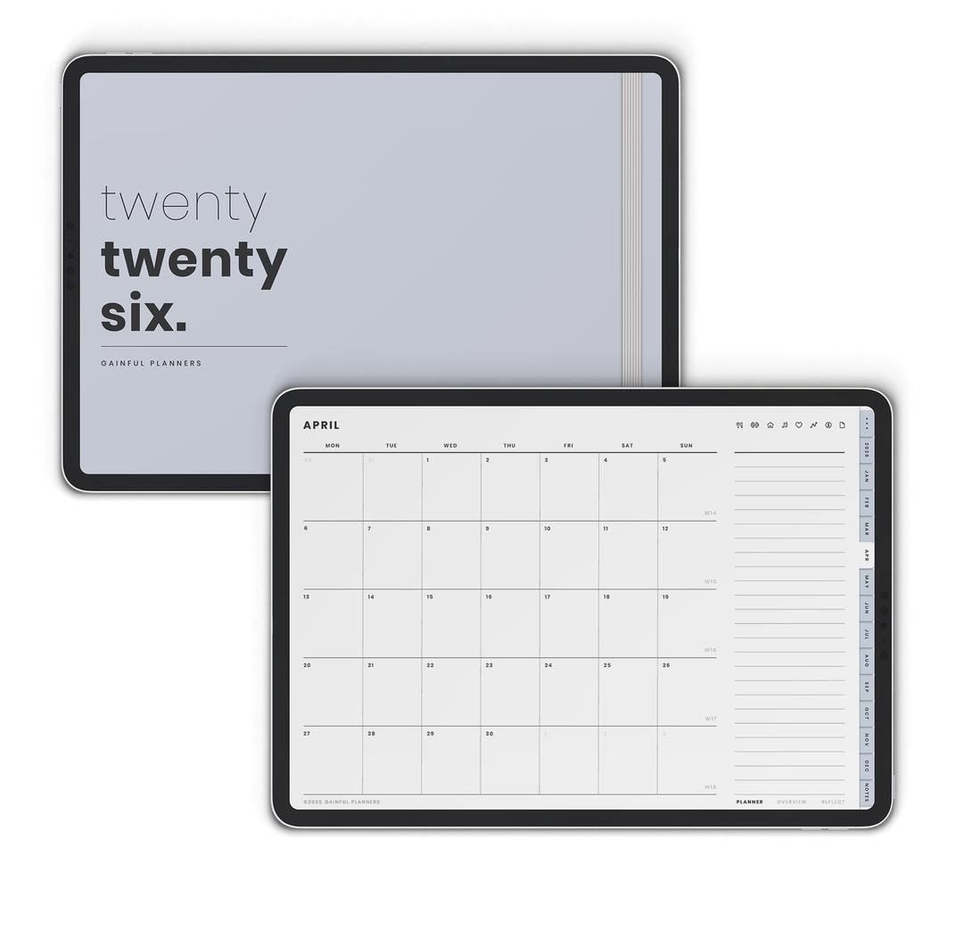 Pastel landscape digital planner 2026 shown on iPad with monthly planning layout