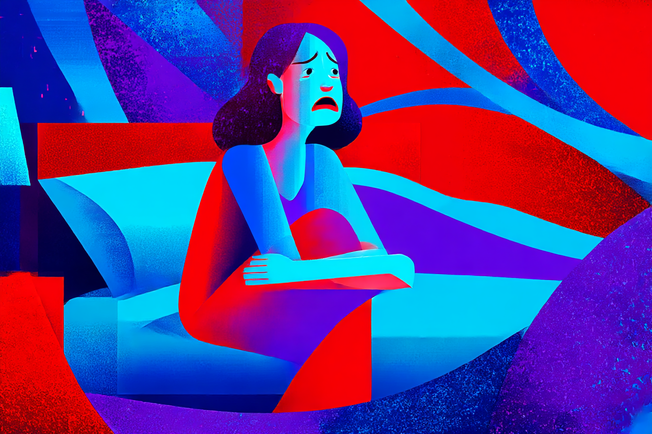 A woman sitting up in bed awoken by a nightmare.