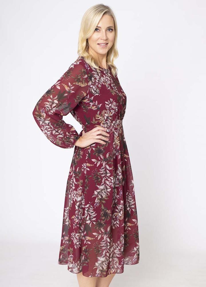 Floral Print Pleat Dress in Wine