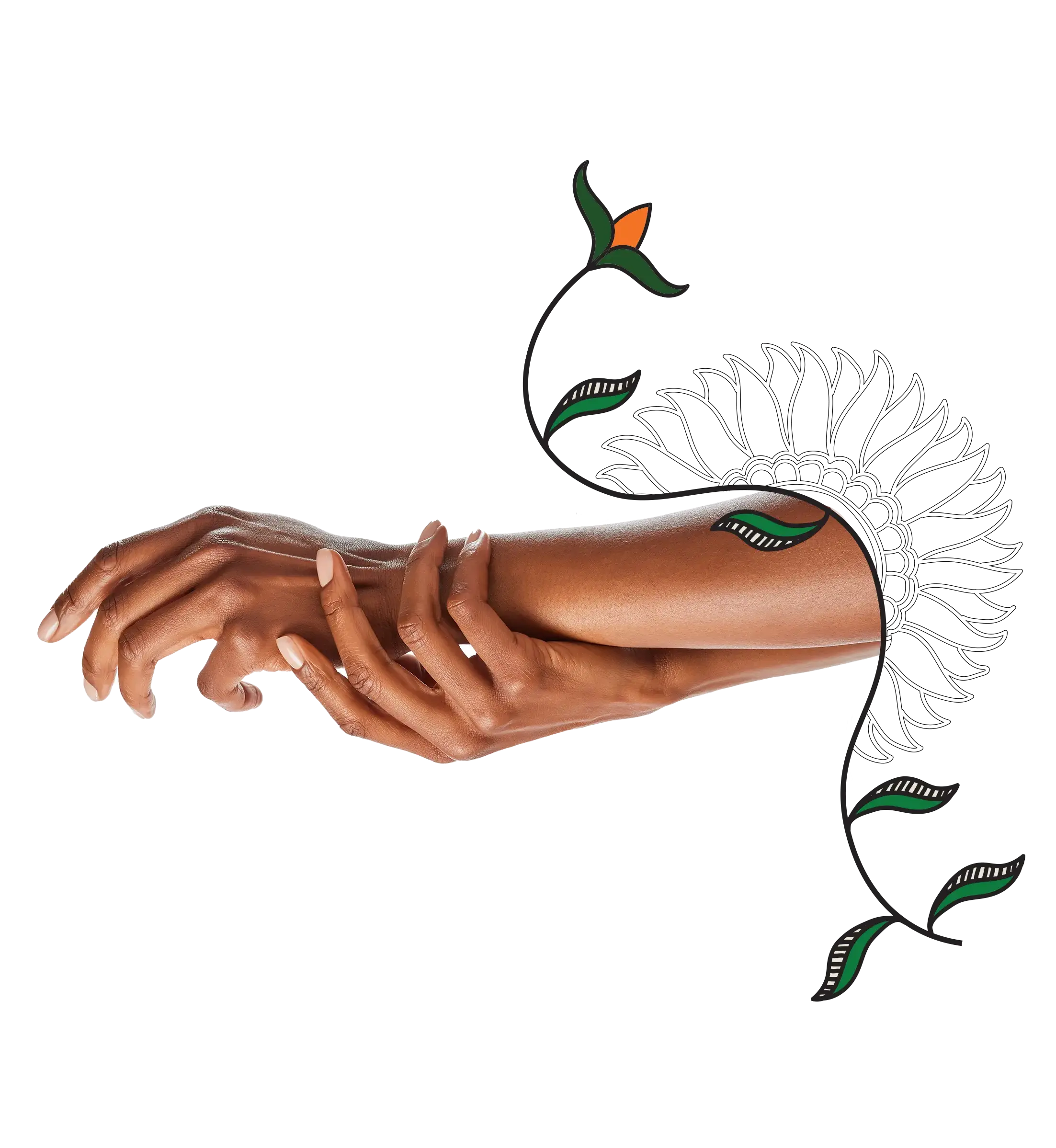 An aesthetic composition of a woman massaging her hands surrounded by floral artwork
