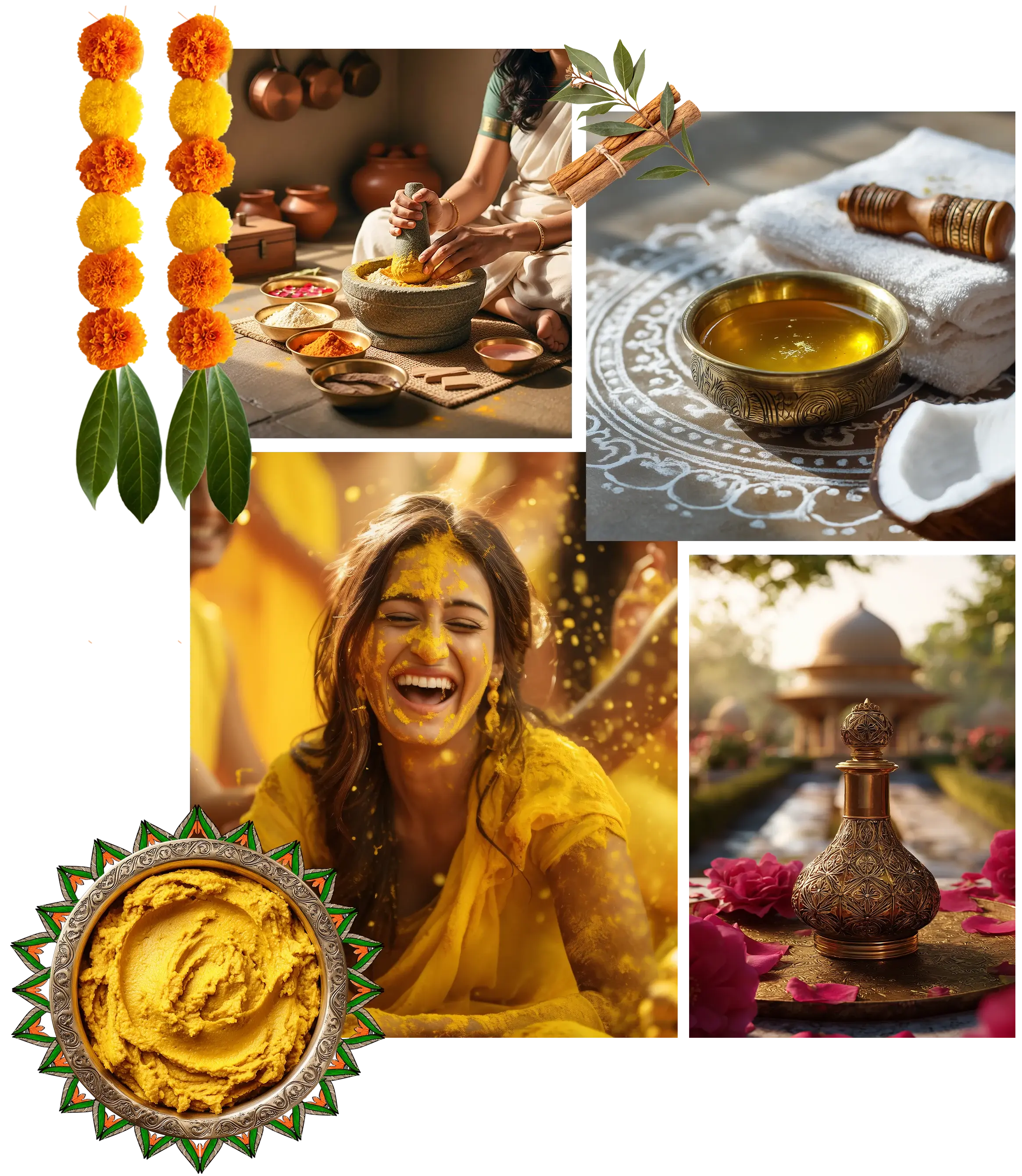 a collage showcasing rose water of Mughal courts, woman preparing simple blends of chickpea flour, turmeric, sandalwood, and rose water, coconut oil massages of the southern parts