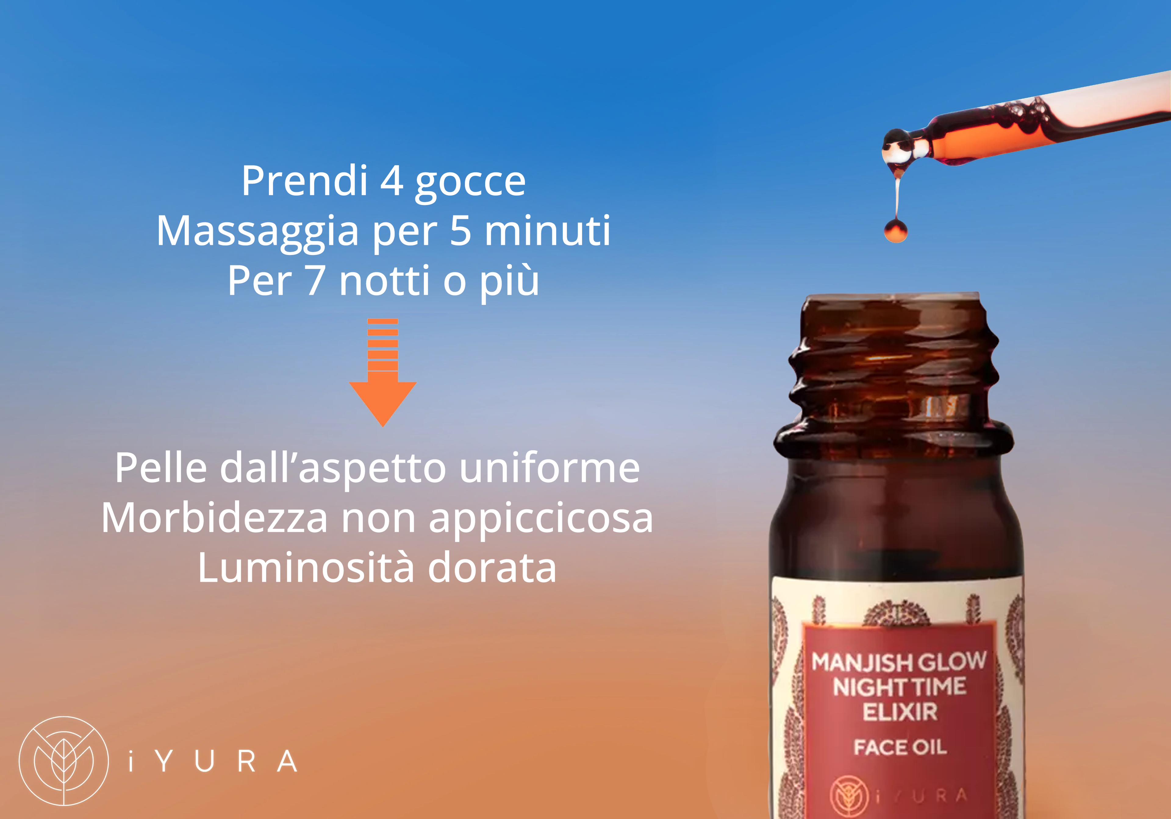 Fresh Drops of iYURA Manjish Glow Elixir with text: Take 4 drops, Massage for 5 minutes, For 7 nights to get Even-toned, spotless looking skin. Non-sticky softness & Gold-like luminosity.