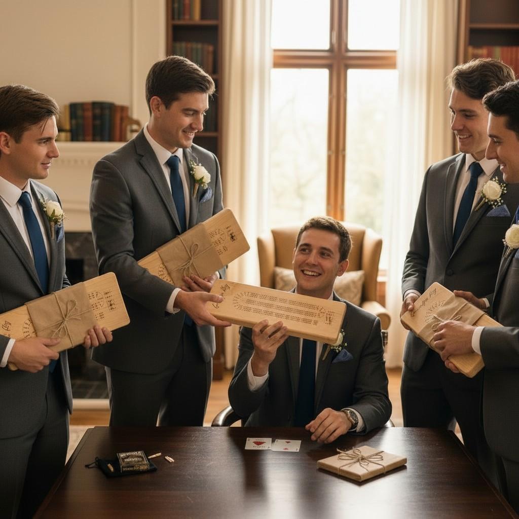 Personalized wood crib board set gifted to groomsmen at a wedding celebration