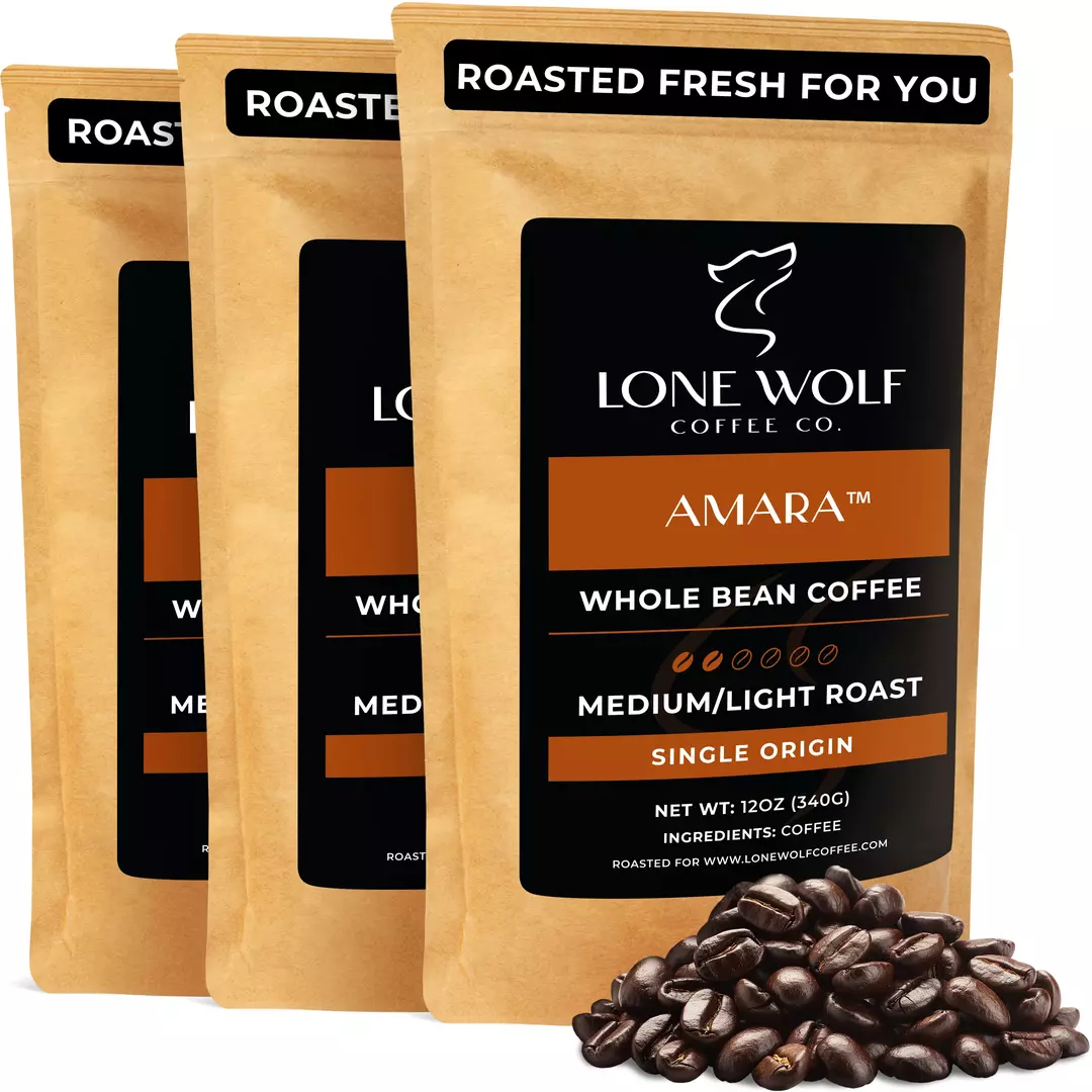 Three 12oz bags of Lone Wolf Coffee’s Amara Medium-Light Roast Whole Bean coffee bag product photo