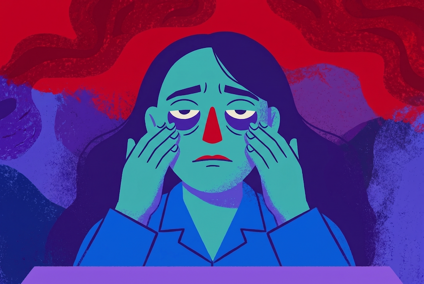 Woman leaning close, pressing under her eyes to inspect dark circles from lack of sleep.