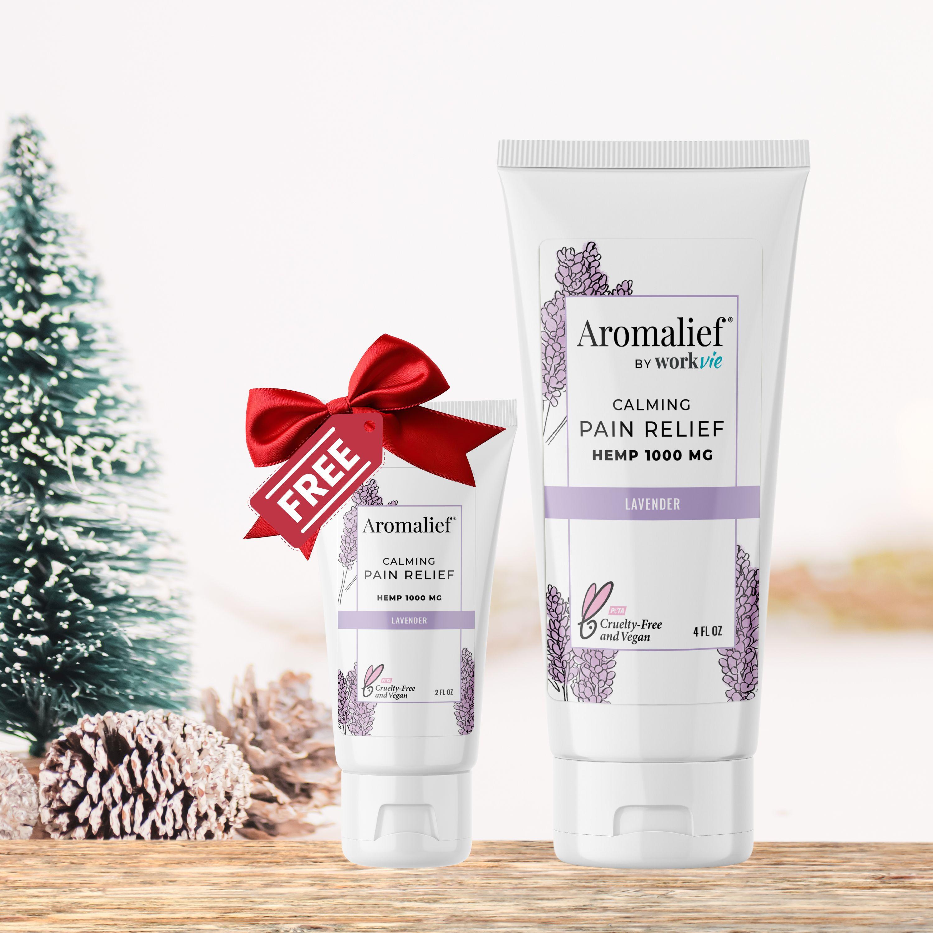 Aromalief Lavender Pain Relief Cream for Arthritis. Woman holding pain relief cream.
