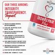 Trust infographic: Three Arrows values integrity, transparency, and impact in every batch of Iron Repair Plus. Iron Repair Plus was created by an anemia survivor and is doctor recommended. Iron Repair Plus is a clean label supplement with no artificial fillers, dyes, or junk, manufactured in GMP certified, FDA inspected facilities in the USA. Every ingredient in Iron Repair Plus is tested for purity and potency before being used, and every completed batch is tested to ensure it meets label claim.
