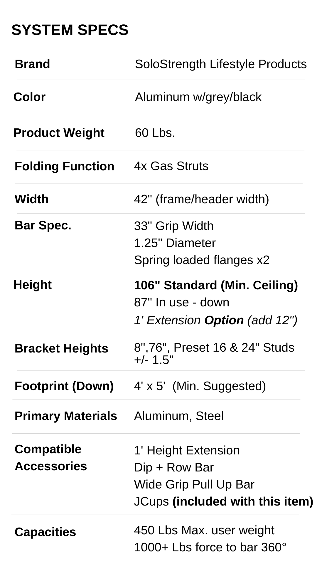 free standing training station syssem specifications size for solos strength home gym equipment