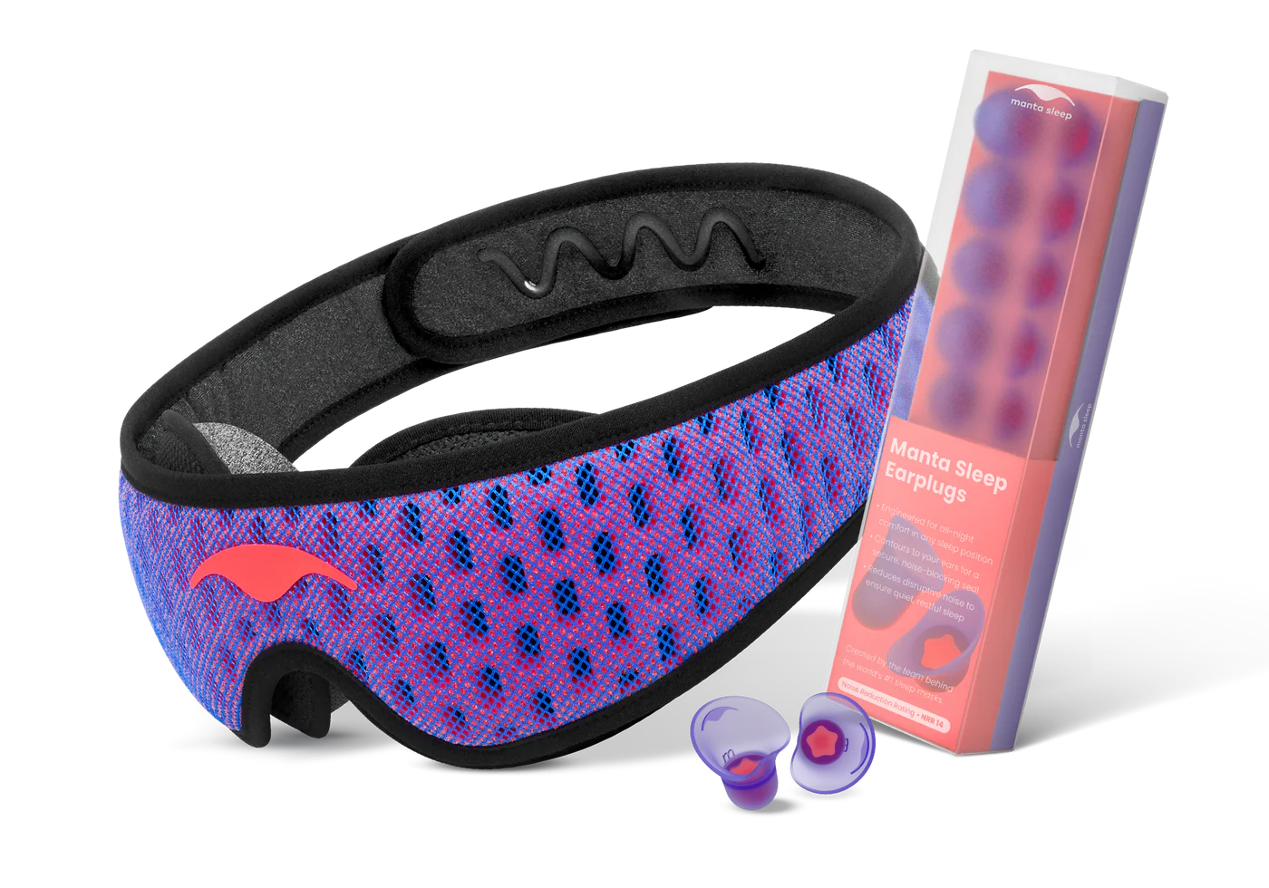 A blue mesh sleep mask and a set of earplugs are effective sleep products for new parents.