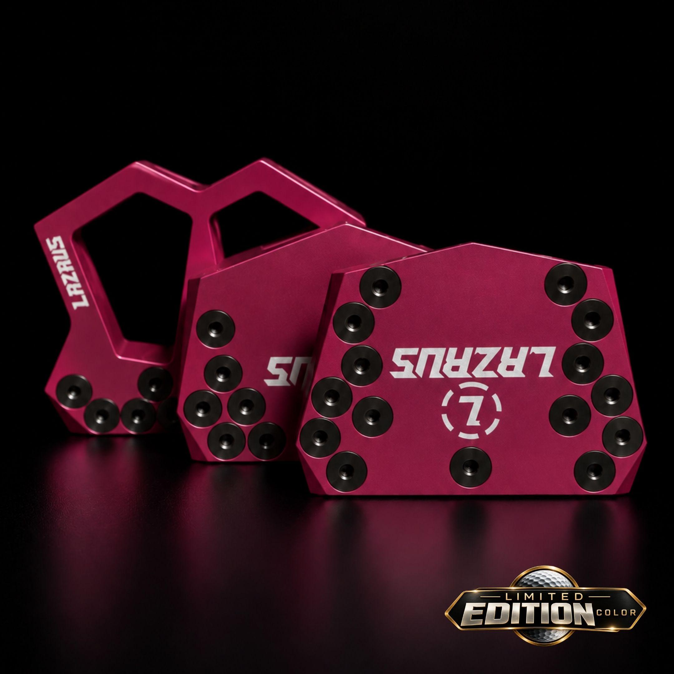 Lazrus LAZ2.5 zero torque mallet putter in Red finish showing The club from the front with the guideline and milled face