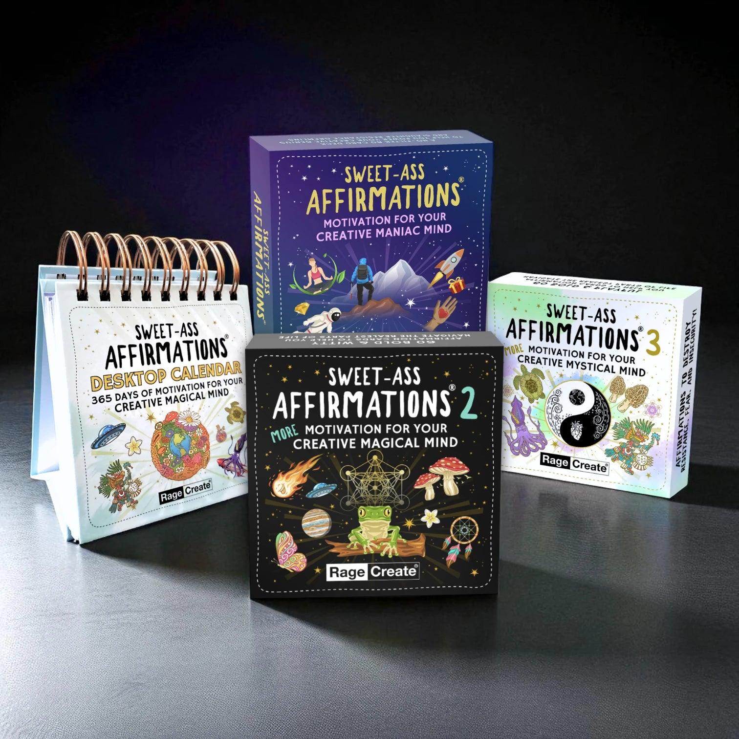 Sweet-Ass Affirmations Spring Bundle — all 4 products displayed together on a pink-to-lime gradient background: Sweet-Ass Affirmations Deck 1, Sweet-Ass Affirmations 2, Sweet-Ass Affirmations 3 and the Sweet-Ass Affirmations Desktop Calendar with Free Callout.