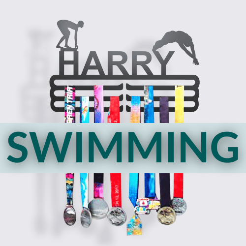 Personalized Swimming Medal Hanger in matte black steel with a custom name — Athlete's Gift Shop