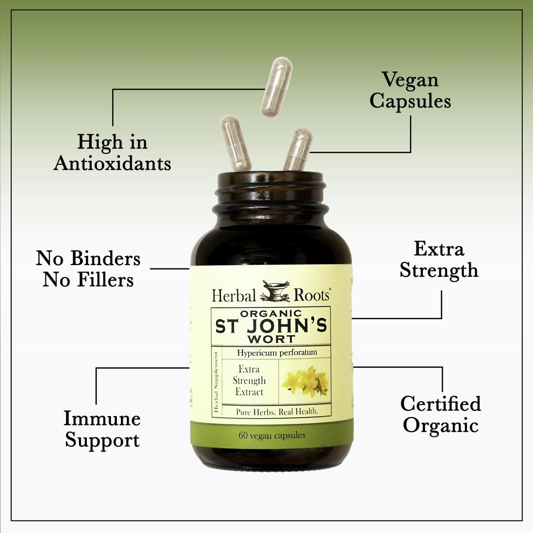 Bottle of Herbal Roots Organic St. John's wort with three pills spilling out of the top of the bottle. There are several lines pointing to the bottle and the capsules. The lines say High in antioxidants, Vegan Capsules, Extra strength, No Binders or fillers, immune support, and Extract plus organic St. John's Wort
