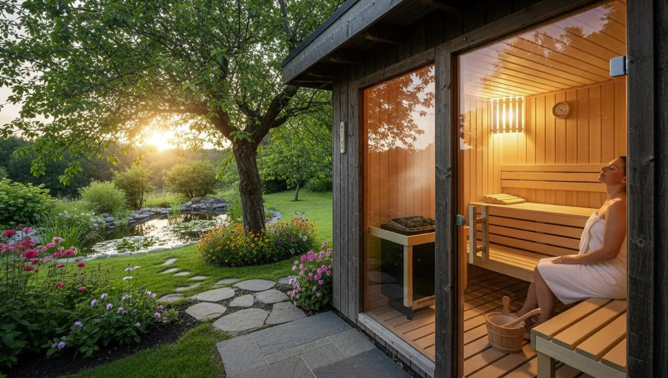 a person relaxing in an outdoor traditional sauna experiencing the benefits of a dry sauna