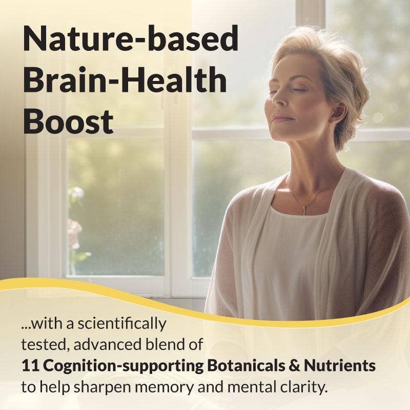 Middle-aged woman standing peacefully by a window with text reading “Nature-based Brain-Health Boost” and a description of 11 cognition-supporting botanicals and nutrients to aid memory and clarity.