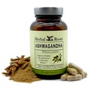 bottle of herbal roots ashwagandha with ashwagandha capsules to the right of the bottle and ashwagandha powder and ashwagandha roots to the left of the bottle.