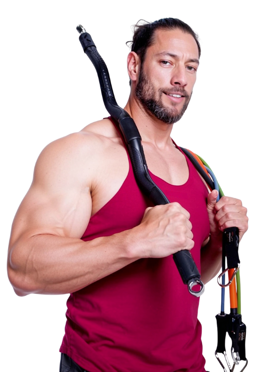 man holding xbar fitness bar and resistance bands