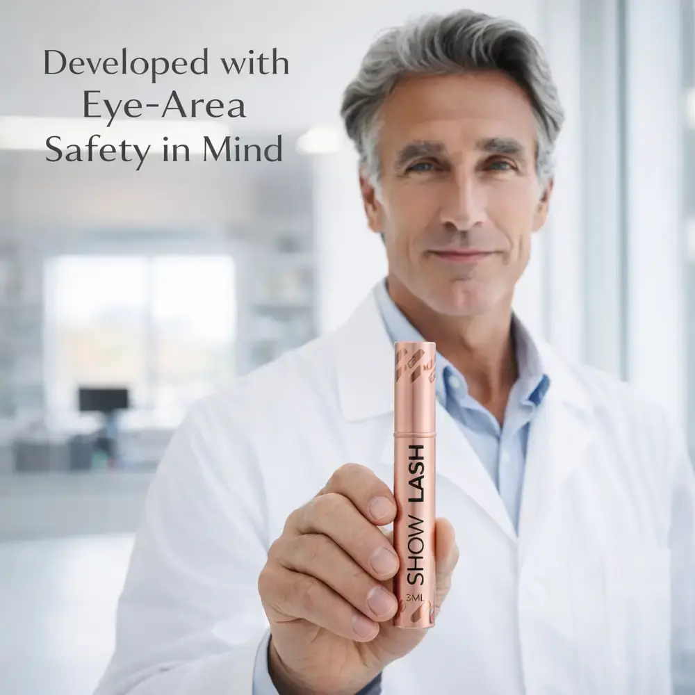 show lash bottle and Before and after image showing longer looking eyelashes. text: 97% see longer looking lashes