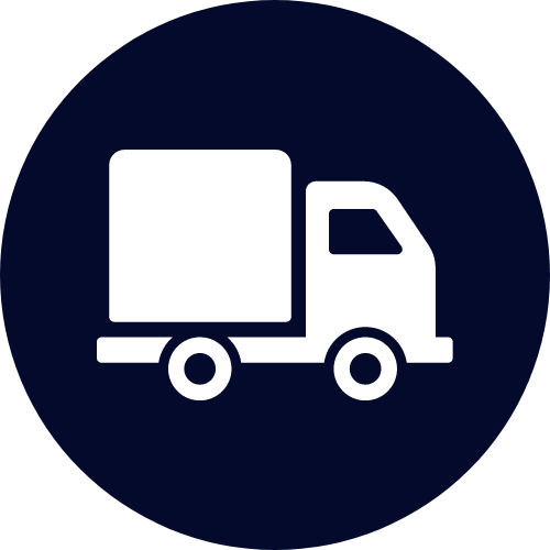 white shipping truck inside of a dark blue circle