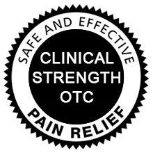 A black icon with text, "Clinical Strength OTC - Safe and Effective Pain Relief"