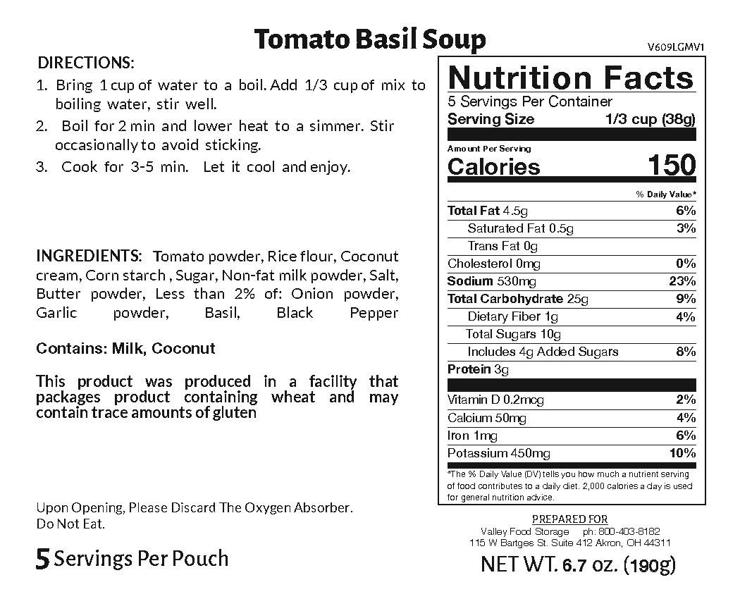 Valley Food Storage Tomato Basil Soup Long Term Food Storage Nutrition Label