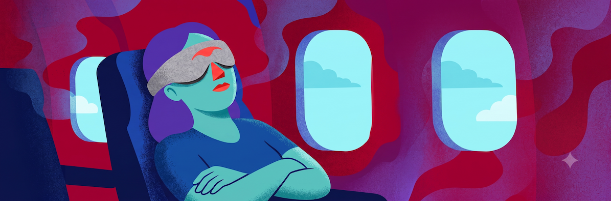 Traveller resting in an aircraft seat wearing a Manta Sleep Mask — what is jet lag and how to soften it.