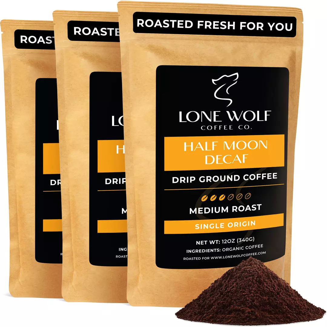 Three 12oz bags of Lone Wolf Coffee’s Half Moon Decaf Medium Roast Drip Ground coffee bag product photo